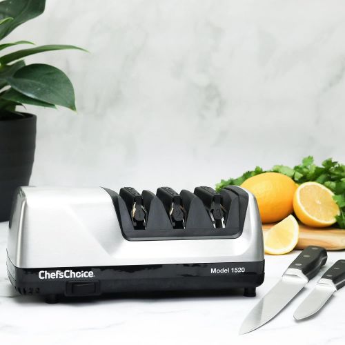  Chef’sChoice ChefsChoice 0115207 Hone Electric Knife Sharpener for 15 and 20-degree Knives 100% Diamond Abrasive Stropping Precision Guides for Straight and Serrated Edges, 3-Stage, Gray