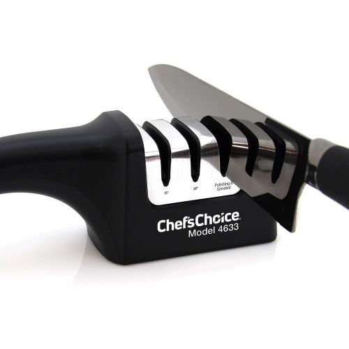  Chef’sChoice ChefsChoice 4633 AngleSelect Diamond Hone Professional Manual Knife Sharpener for Straight and Serrated Knives with Precise Angle Control Compact Footprint Made in USA, 3-Stage, Bl