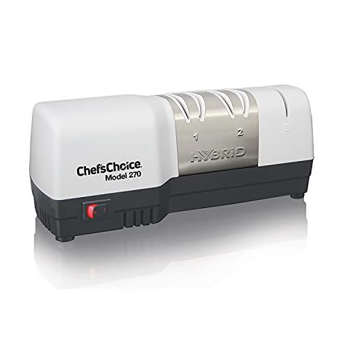  Chef’sChoice ChefsChoice 270 Hybrid Diamond Hone Knife Sharpener Combines Electric and Manual Sharpening for Straight and Serrated 20-Degree Knives Made in USA, 3-Stage, White