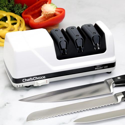 Chef’sChoice ChefsChoice Hone EdgeSelect Professional Electric Knife Sharpener for 20-Degree Edges Diamond Abrasives Precision Guides for, Straight and Serrated Knives Made in USA, 3-Stage, Whi