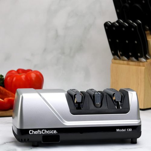  Chef’sChoice ChefsChoice 130 Professional Electric Knife Sharpening Station for 20-Degree Straight and Serrated Knives Diamond Abrasives and Precision Angle Guides, 3-Stage, Silver