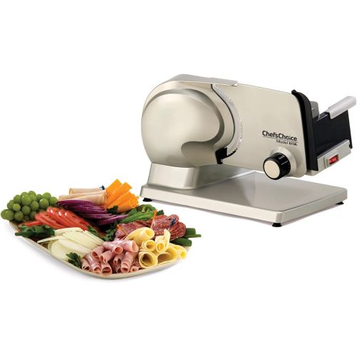  Chef’sChoice 609-A Electric Food Slicer with Tilted Food Carriage Easy-clean Design Rugged Construction High Torque Cool Running Motor Gear Drive Operation with Stainless Steel Bla