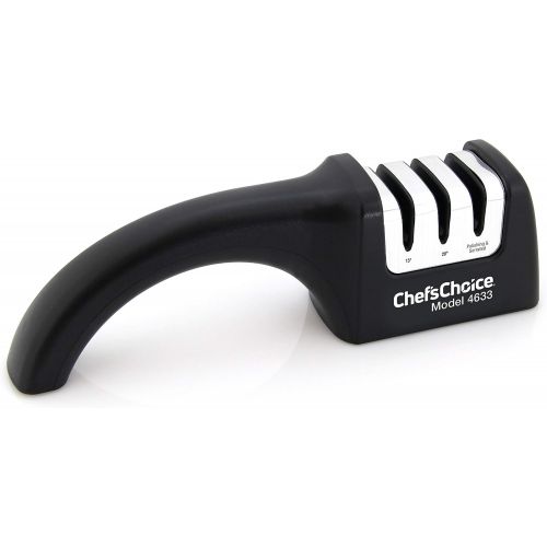  Chef’sChoice ChefsChoice 4633 AngleSelect Diamond Hone Professional Manual Knife Sharpener for Straight and Serrated Knives with Precise Angle Control Compact Footprint Made in USA, 3-Stage, Bl
