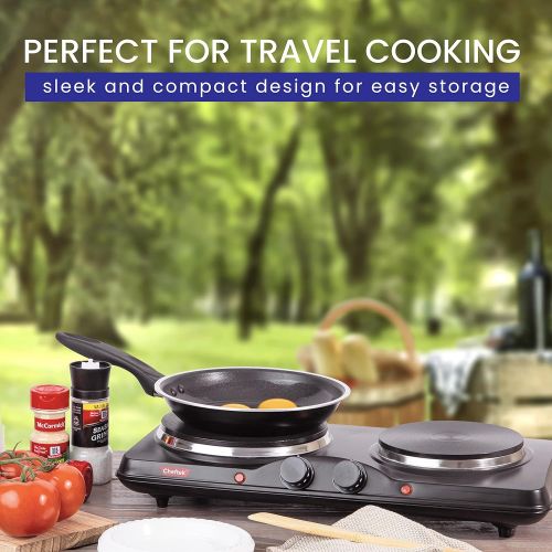  Cheftek CT1010 Portable 2 Burner Electric Cooktop Hot Plates 6’’ and 7.5’’ for Stove Top Cooking Home, Travel, 1700W Black Enamel Coated Iron Standard
