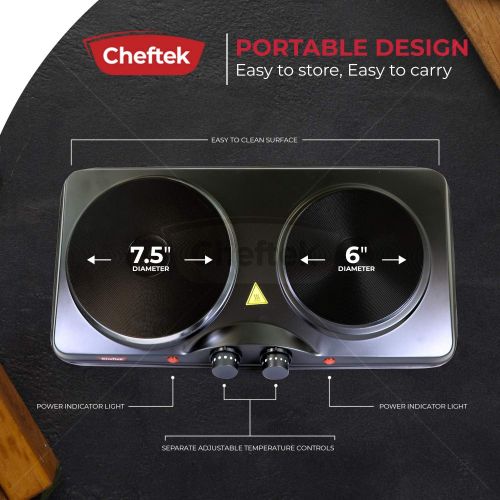  Cheftek CT1010 Portable 2 Burner Electric Cooktop Hot Plates 6’’ and 7.5’’ for Stove Top Cooking Home, Travel, 1700W Black Enamel Coated Iron Standard
