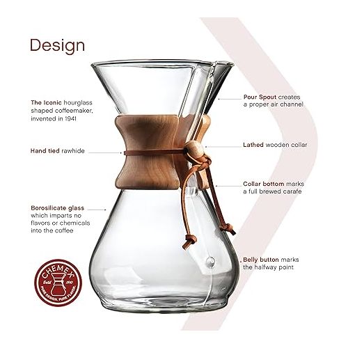  Chemex Pour-Over Glass Coffeemaker - Classic Series - 8-Cup - Exclusive Packaging