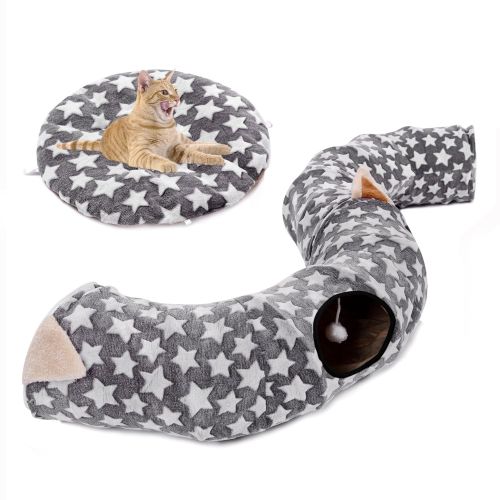  Chengyu Cat Dog Tunnel Bed with Cushion Tube Toys Plush Large Diameter Longer Crinkle Collapsible 3 Way for Large Cats Kittens Kitty Small Puppy Outdoor 6FT