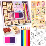 [아마존베스트]Cherry & Small Peas Unicorn Wooden Stamp and Sticker Activities Set for Girls, Stampers, Inkpad, Coloring Pencil, Sticker Included, Arts & Crafts Set for Kids, Boys and Girls Teen Ages 4 5 6 7 8 9 10