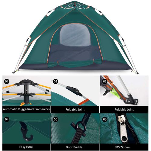  Cheryu Automatic Hydraulic Double Layers Tent for Camping Beach Outdoor Hiking Fishing Travel, UV Protection Waterproof Pop Up 2 3 4 Persons 4 Season Backpacking Tent with Carry Ba