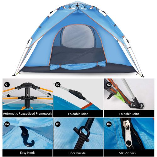  Cheryu Automatic Hydraulic Double Layers Tent for Camping Beach Outdoor Hiking Fishing Travel, UV Protection Waterproof Pop Up 2 3 4 Persons 4 Season Backpacking Tent with Carry Ba