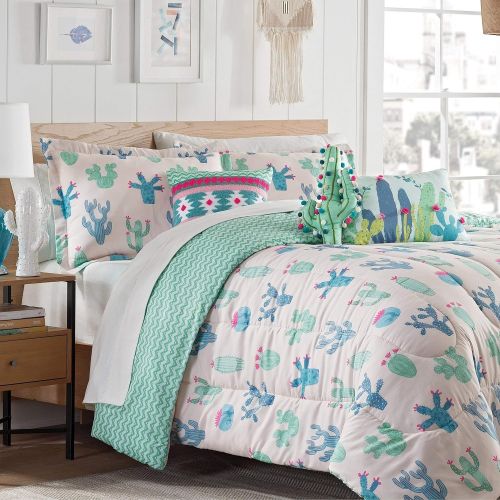  MISC 2 Piece Cactus Comforter Twin Set Cactus Bedroom Bedding Girl Kids Cactaceae Desert Plant Botanic Themed Chevron Zigzag Pattern, Polyester