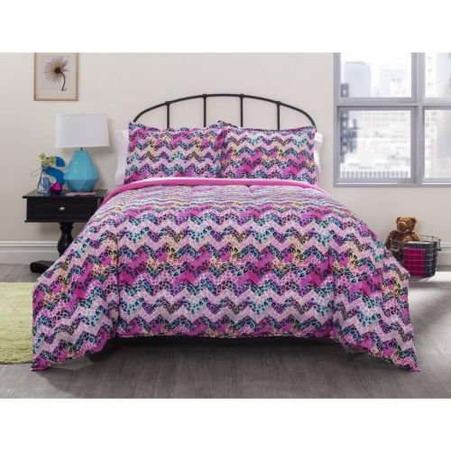  7 PIece Girls Cheetah Chevron Pattern Comforter Sheets Set Queen Set, Abstract Purple Blue Yellow, Bedding, Stylish African Safari Zoo Animal Zig Zag Stripes Design