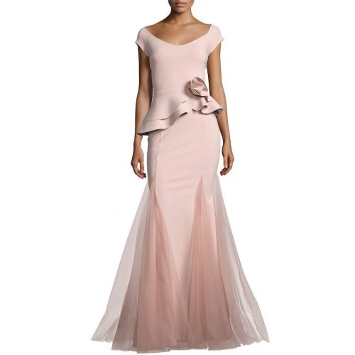  Chiara Boni Lady Cap-Sleeve Peplum Mermaid Gown, Pink