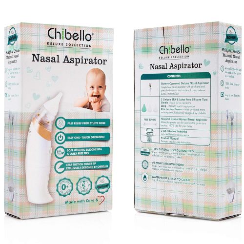 Chibello Baby Nasal Aspirator-Provides Safe Nose Suction and Gently Clears Infants Mucus. Battery Operated with 3 sizes of Silicone Tips and Manual Snot Booger Sucker and...