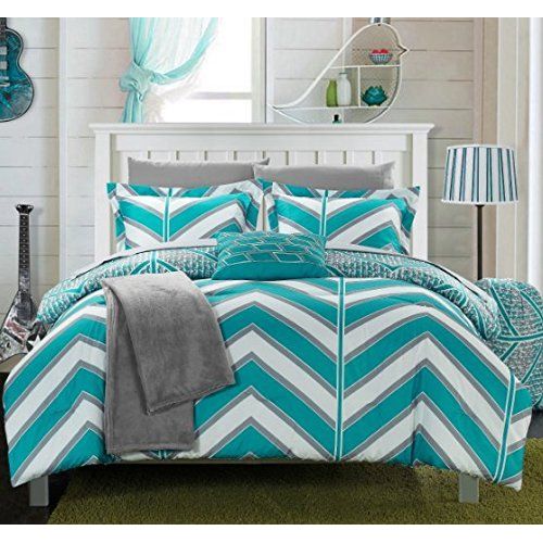  Chic UKN 10pc Boys Aqua Chevron Comforter Set Full Sized, Teal Sky Blue Grey White, Stylish Horizontal Verticle Striped Pattern, Gray Pixel Pattern, Digital Contemporary Geometric Beddi