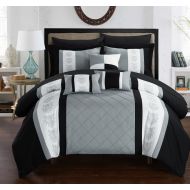 Chic Home 10-Piece Dalton Pin tuck-Pieced Color Block Embroidery Queen Bed In a Bag Comforter Set Grey With sheet set