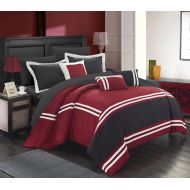 Chic Home 10-Piece Georgette Super soft Oversized-Pieced color block banding collection King Bed In a Bag Comforter Set Red With sheet set