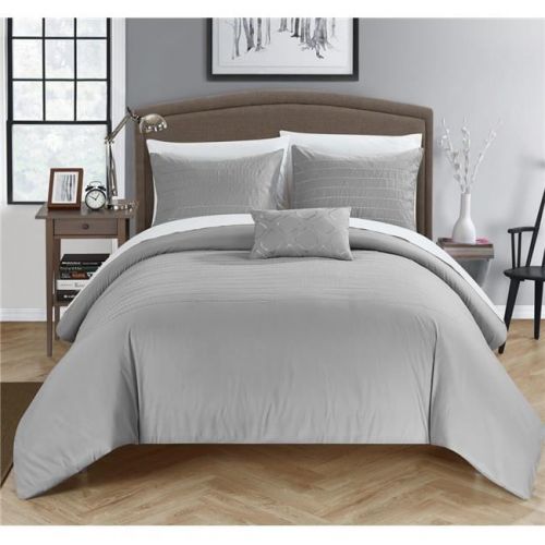  Chic Home DS4024-BIB-US 8 Piece Khalil Super Soft Microfiber Stitch Embroidered Queen Bed in a Bag Duvet Set, Grey with White Sheets