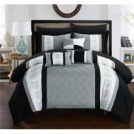 Chic Home CS1644-US Jack Pintuck Pieced Color Block Embroidery Bed in a Bag Comforter Set with Sheets - Grey - Queen - 10 Piece