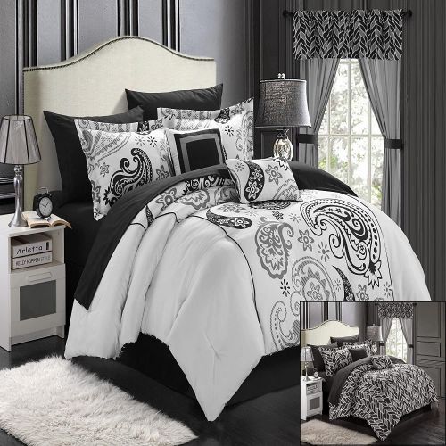  Chic Home Olivia Paisley Print Black & White 20 Piece Mega Comforter Bed In A Bag Set