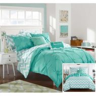 Chic Home CS2597-US Heathville Pinch Pleated & Ruffled Chevron Print Reversible Bed in a Bag Comforter Set Sheets with Hashtag Pillow & Pom Pom Velour Pillow - Aqua - Full - 9 Piec