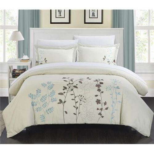  Chic Home DS2942-US Kylie Floral Embroidered Duvet Set - Beige - Queen - 3 Piece