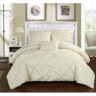 Chic Home DS2436-BIB-US 8 Piece Yvonne Pinch Ruffled & Pleated Complete King Bed in a Bag Duvet Set, Beige with White Sheets