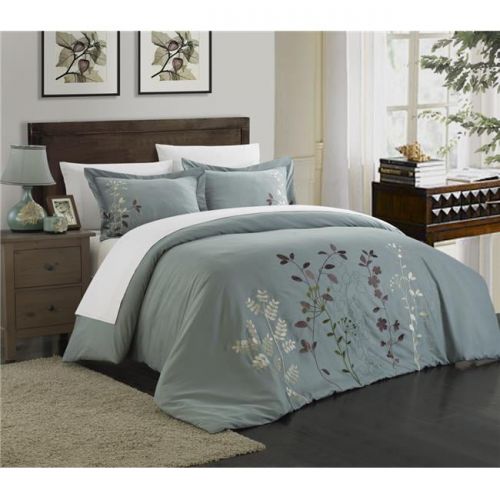  Chic Home DS2940-US Kylie Floral Embroidered Duvet Set - Green - Queen - 3 Piece