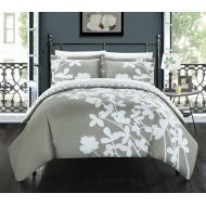 Chic Home 3-Piece Casa Blanca Reversible large scale floral design printed with diamond pattern reverse King Duvet Cover Set Grey