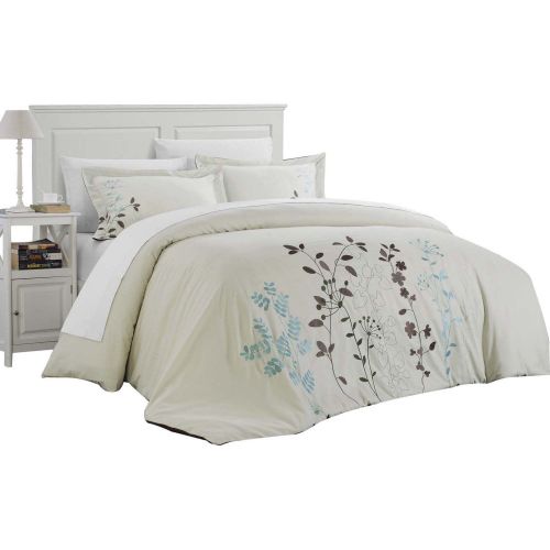  Chic Home Kathy Kaylee Floral Embroidered 7 Piece Duvet Cover Set King & Queen Beige