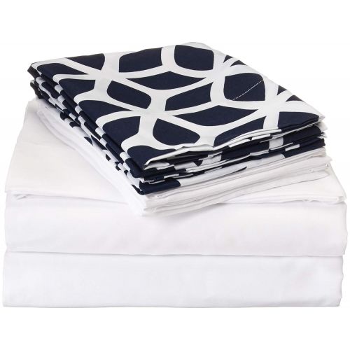  Chic Home Bailee 6 Piece Sheet Set Contemporary Super Soft Solid Color Deep Pocket Design - Includes Flat & Fitted Sheets and Bonus Printed Pillowcases White Queen Navy