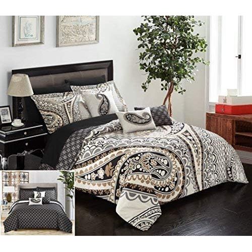  Chic Home Del Mar 10 Piece Comforter Complete Bed in a Bag Set GSM Microfiber Large Scale Paisley Print with Contemporary Geometric Pattern Bedding with Sheet Sets Decorative Pillo