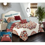 Chic Home 10 Piece Aberdeen Large Scale Paisley Bohemian Reversible Printed with Embroidered Details. King Bed in a Bag Comforter Set Red