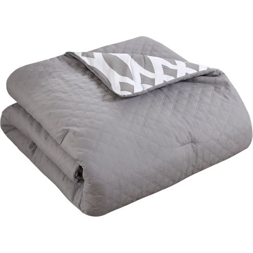  Chic Home CS2145 10 Holland Diamond Quilted Embroidered with Contemporary Reversible Printed Backside Queen Bed in a Bag Comforter Grey Includes 4 Piece Sheets Set