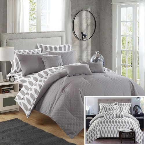  Chic Home CS2145 10 Holland Diamond Quilted Embroidered with Contemporary Reversible Printed Backside Queen Bed in a Bag Comforter Grey Includes 4 Piece Sheets Set