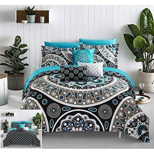  Chic Home 10 Piece Mornington Large Scale Contempo Bohemian Reversible Printed with Embroidered Details. Queen Bed in a Bag Comforter Set Black