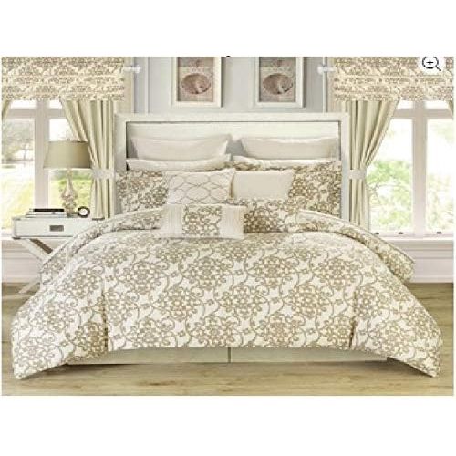  Chic Home Hailee 24 Piece Comforter Set Complete Bed in a Bag Pleated Ruffles and Reversible Print with Sheet Set & Window Treatment, King Beige