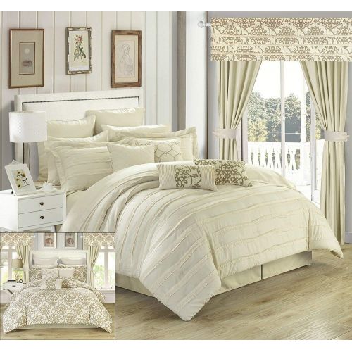  Chic Home Hailee 24 Piece Comforter Set Complete Bed in a Bag Pleated Ruffles and Reversible Print with Sheet Set & Window Treatment, King Beige