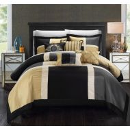 Chic Home 7 Piece Alleta Patchwork Solid Color Block with Embroidery and Pintuck Decorative Pillows Comforter Set, King, Black