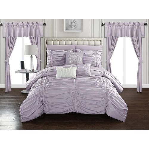  Chic Home Avila 20 Piece Comforter Set Ruffled Ruched Designer Bag Bedding-Sheets Window Treatments Decorative Pillows Shams Included, Queen, Lilac