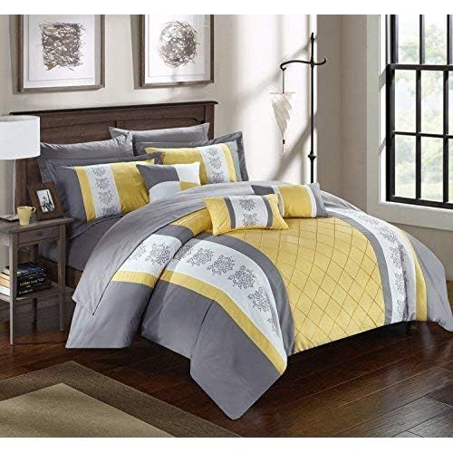  Chic Home CS1644-AN Clayton 10 Piece Comforter Set Pin Tuck Pieced Block Embroidery Bed in A Bag with Sheet Set Black, Queen, Grey