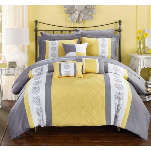  Chic Home CS1644-AN Clayton 10 Piece Comforter Set Pin Tuck Pieced Block Embroidery Bed in A Bag with Sheet Set Black, Queen, Grey