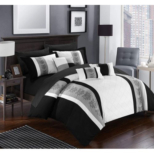  Chic Home CS1644-AN Clayton 10 Piece Comforter Set Pin Tuck Pieced Block Embroidery Bed in A Bag with Sheet Set Black, Queen, Grey