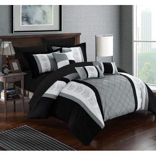  Chic Home CS1644-AN Clayton 10 Piece Comforter Set Pin Tuck Pieced Block Embroidery Bed in A Bag with Sheet Set Black, Queen, Grey