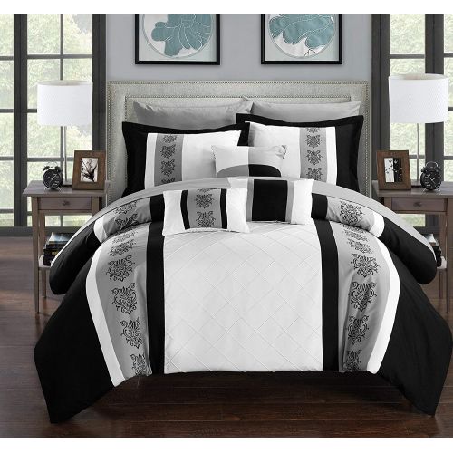  Chic Home CS1644-AN Clayton 10 Piece Comforter Set Pin Tuck Pieced Block Embroidery Bed in A Bag with Sheet Set Black, Queen, Grey