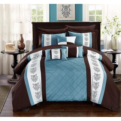  Chic Home CS1644-AN Clayton 10 Piece Comforter Set Pin Tuck Pieced Block Embroidery Bed in A Bag with Sheet Set Black, Queen, Grey