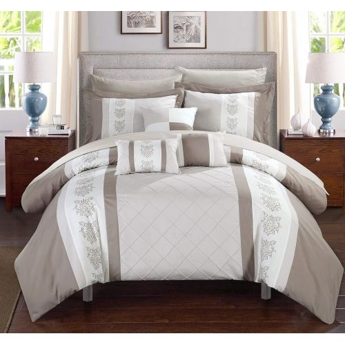  Chic Home CS1644-AN Clayton 10 Piece Comforter Set Pin Tuck Pieced Block Embroidery Bed in A Bag with Sheet Set Black, Queen, Grey