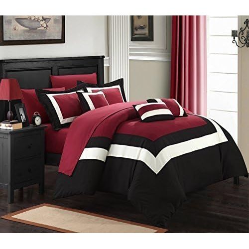  Chic Home Duke 10 Piece Comforter Set Complete Bed in a Bag Pieced Color Block Patterned Bedding with Sheet Set and Decorative Pillows Shams Included, King Black