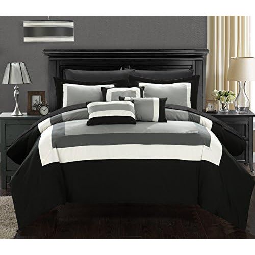  Chic Home Duke 10 Piece Comforter Set Complete Bed in a Bag Pieced Color Block Patterned Bedding with Sheet Set and Decorative Pillows Shams Included, King Black