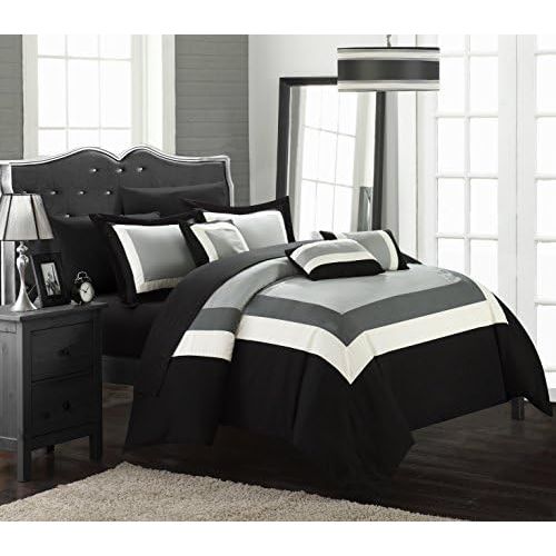  Chic Home Duke 10 Piece Comforter Set Complete Bed in a Bag Pieced Color Block Patterned Bedding with Sheet Set and Decorative Pillows Shams Included, King Black